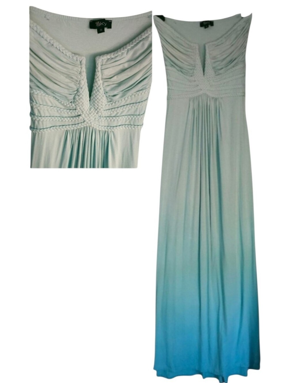 Strapless Greek Goddess Empire Waist Mint Ombre Flowy Ruched Maxi Dress sz small